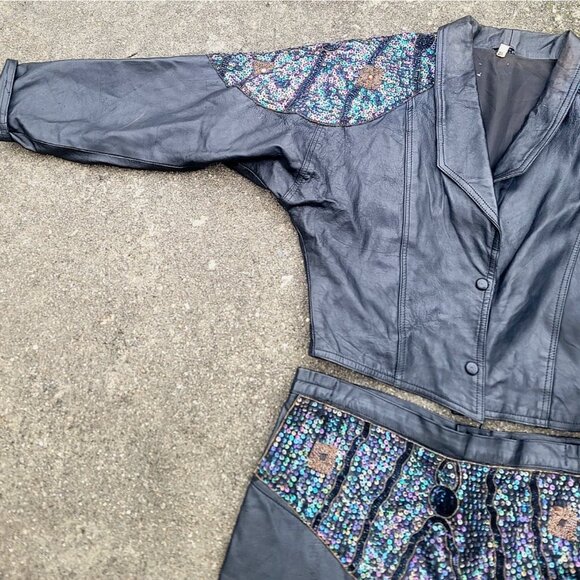 Vintage Real Leather Sequin Beaded Jacket Skirt Set Women XL Biker Western Disco - Picture 3 of 16